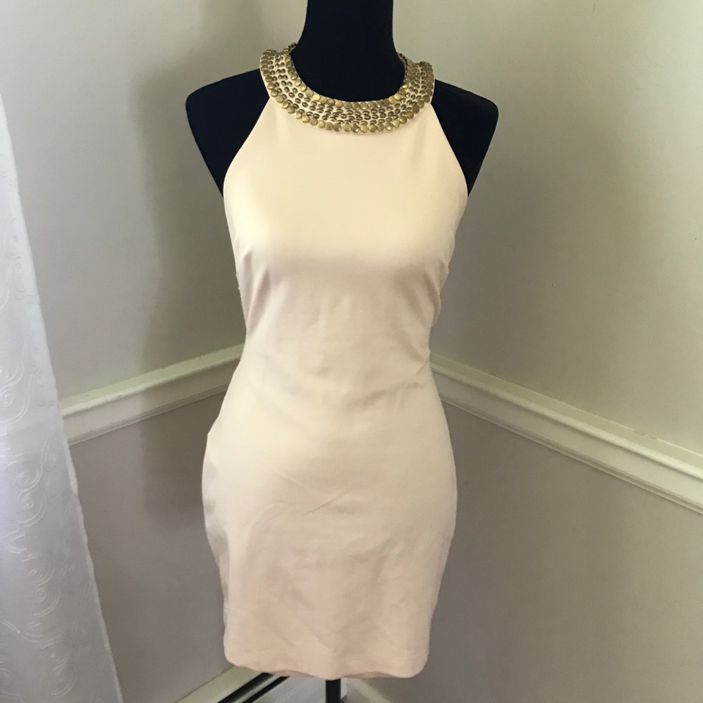 Blush and Gold Bebe cocktail dress with cutouts